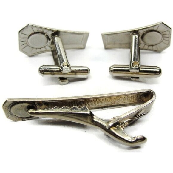 Cufflinks Tie Bar Set Stamped Steel Blue Green Stone Tux Shirt Suit Vintage - Picture 6 of 7